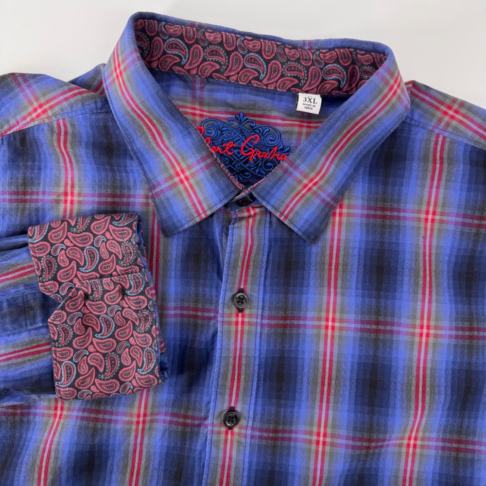 Robert Graham Button Down Mens 3XL Blue Plaid Classic Fit Paisley Trim Cotton